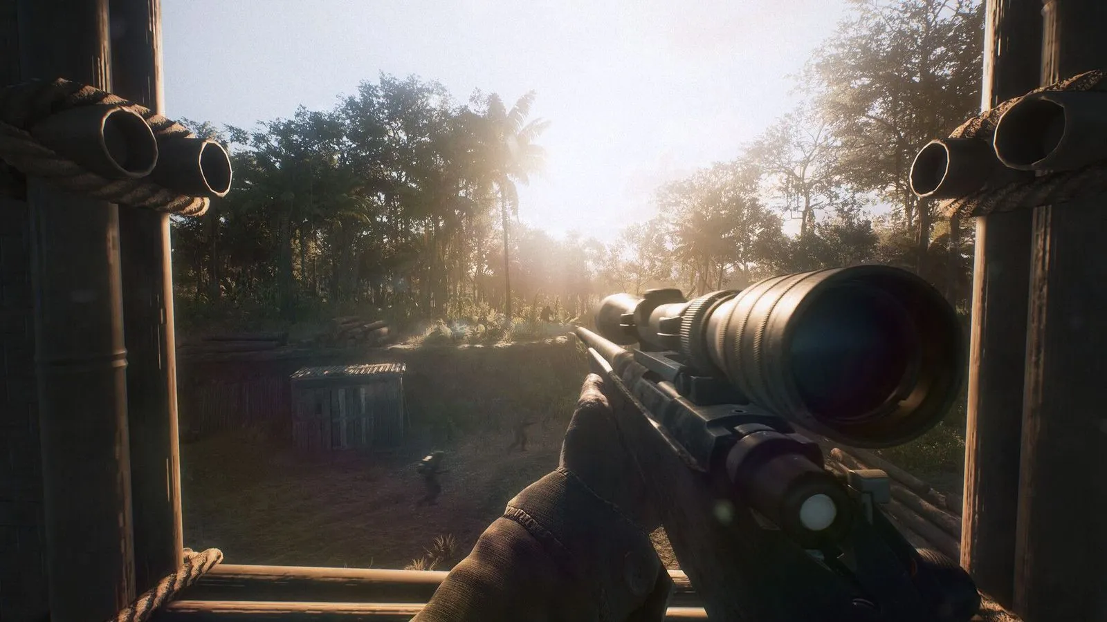 Official HLL: Vietnam media showing a scoped rifle aimed from a covered position into tropical terrain.